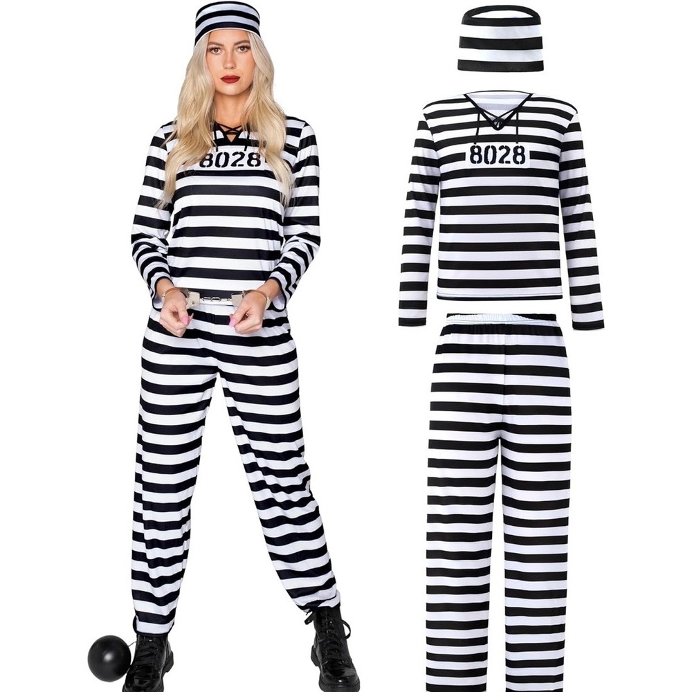 Prisoner Costume Women One Size (S/M) Black White Excellent 3Pc Jailbird Convict